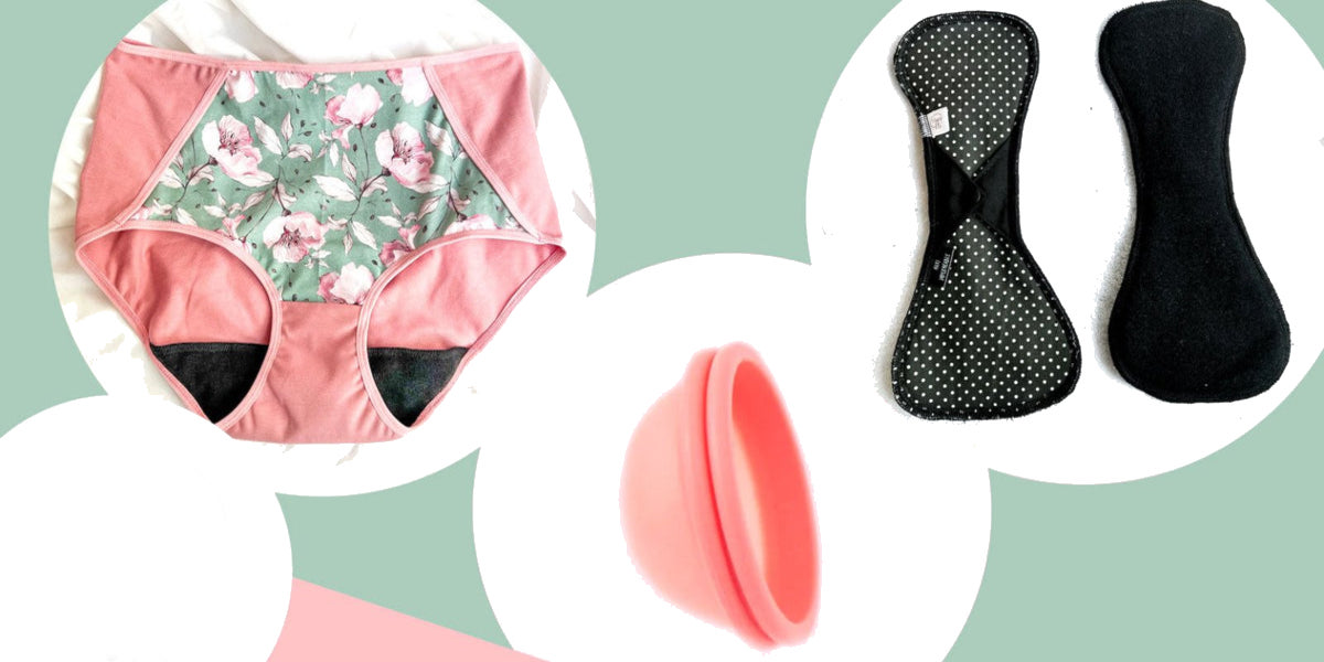 culotte-menstruelle-coupe-ou-serviette-hygienique-lavable - Votre Actualité au Quotidien Collage of menstrual care products: floral-patterned pink underwear, reusable pads, a pink silicone menstrual cup, and a black pad.